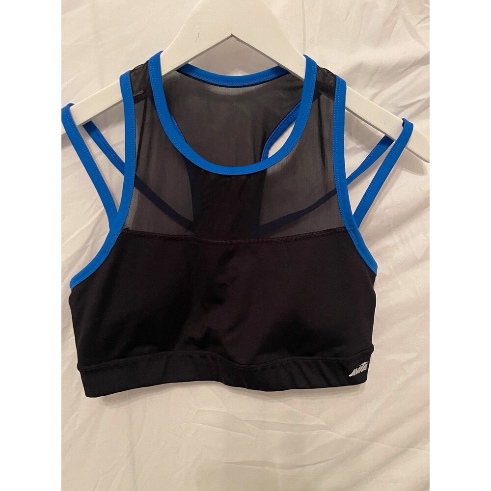 Avia Women's L Black/Blue Mesh Racerback Strappy Wireless Sports Bra Med Sup
